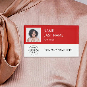 Modern Company Logo Red Employee Photo Name Tag