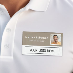 Modern Company Logo Tan Employee Photo Name Tag