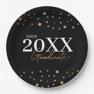 Modern Confetti Black Gold Class of 2024 Graduate Paper Plate