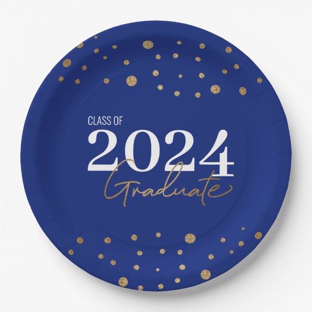 Modern Confetti Blue Gold Class of 2024 Graduate Paper Plate (Front)