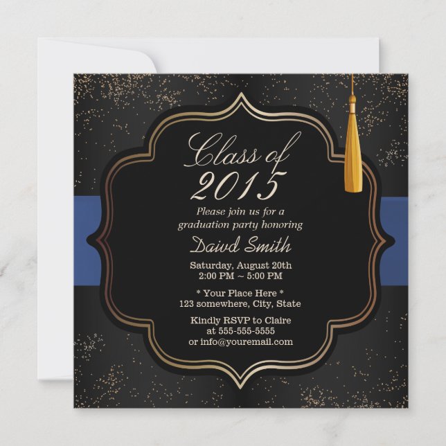 Modern Confetti Blue Ribbon Dark Graduation Party Invitation (Front)