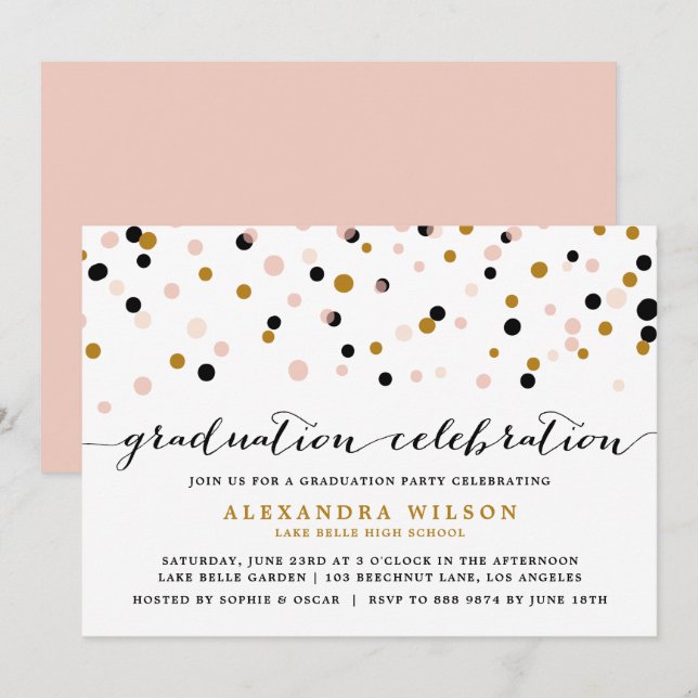 Modern Confetti Dots | Blush and Gold Graduation Invitation (Front/Back)