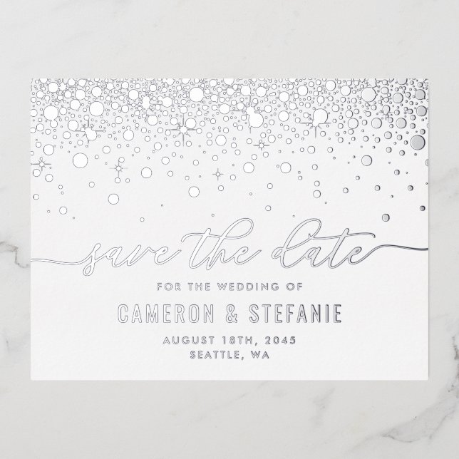 Modern Confetti Dots Silver Foil Save the Date Foil Invitation Postcard (Front)