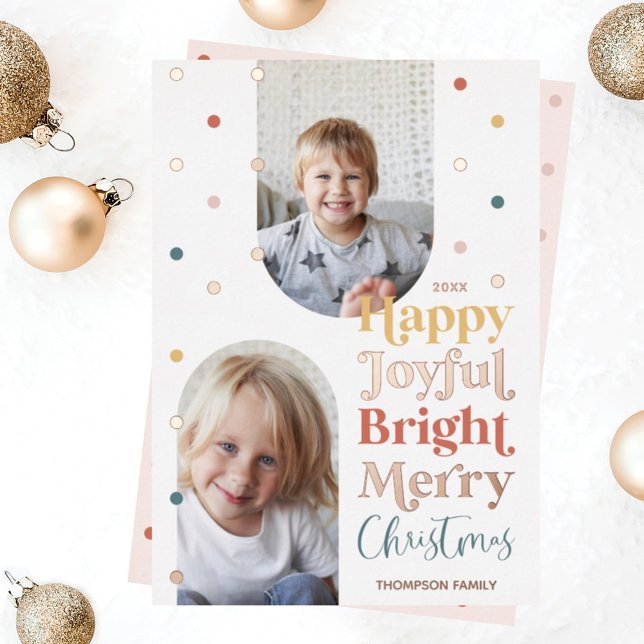 Modern Confetti Happy Joyful Bright Two Photo Arch Foil Holiday Card (Creator Uploaded)