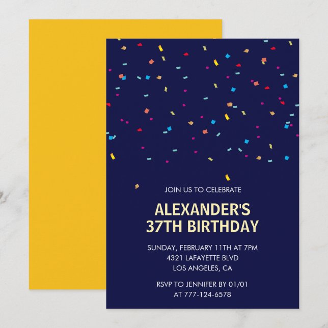 Modern Confetti Navy blue Men 37th birthday Invitation (Front/Back)