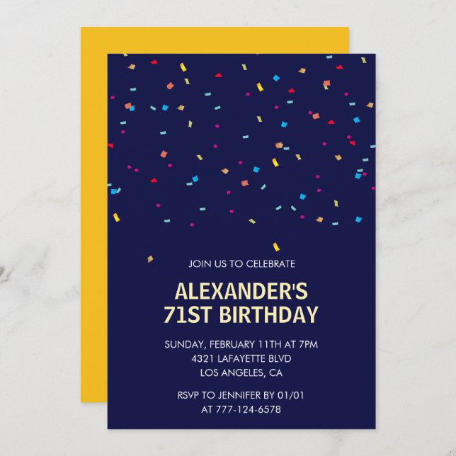 Modern Confetti Navy blue Men 71st birthday Invitation (Front/Back)