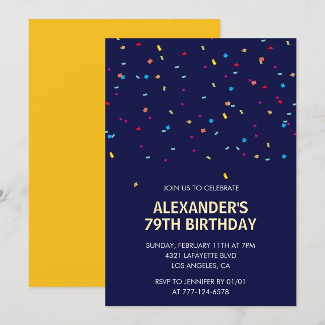 Modern Confetti Navy blue Men 79th birthday Invitation (Front/Back)