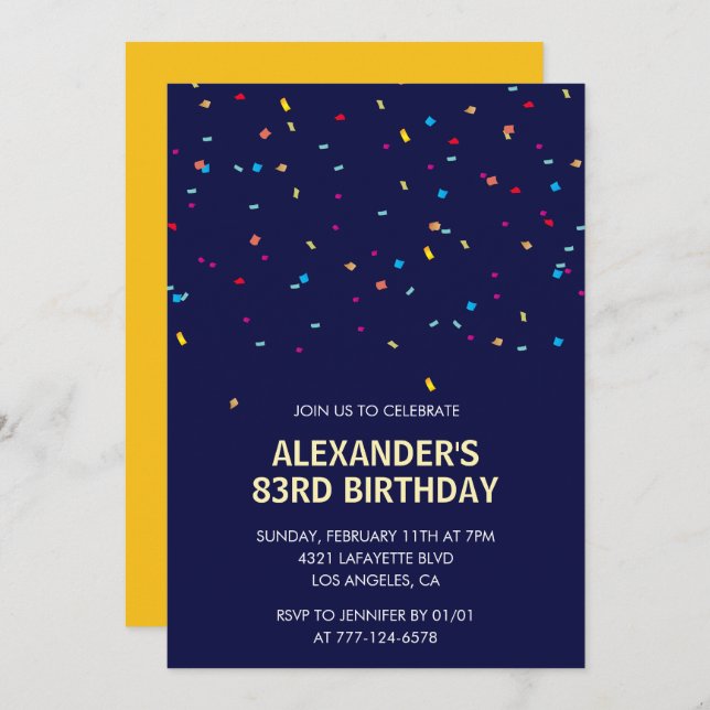 Modern Confetti Navy blue Men 83rd birthday Invitation (Front/Back)