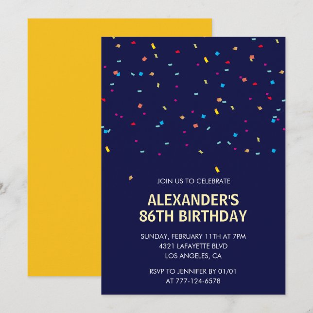 Modern Confetti Navy blue Men 86th birthday Invitation (Front/Back)