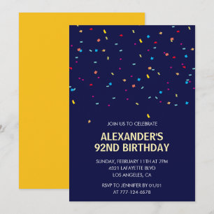 Modern Confetti Navy blue Men 92nd birthday Invitation