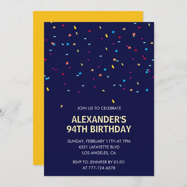 Modern Confetti Navy blue Men 94th birthday Invitation (Front/Back)