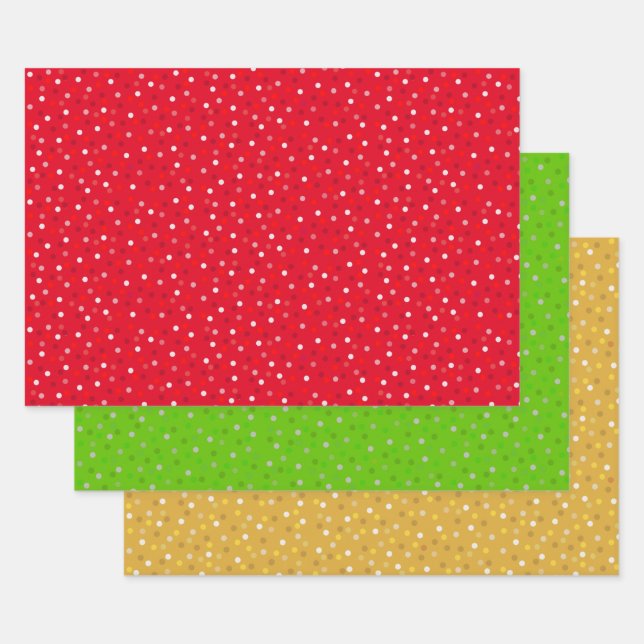 Modern Confetti on Green, Red & Golden Wrapping Paper Sheet (Set)