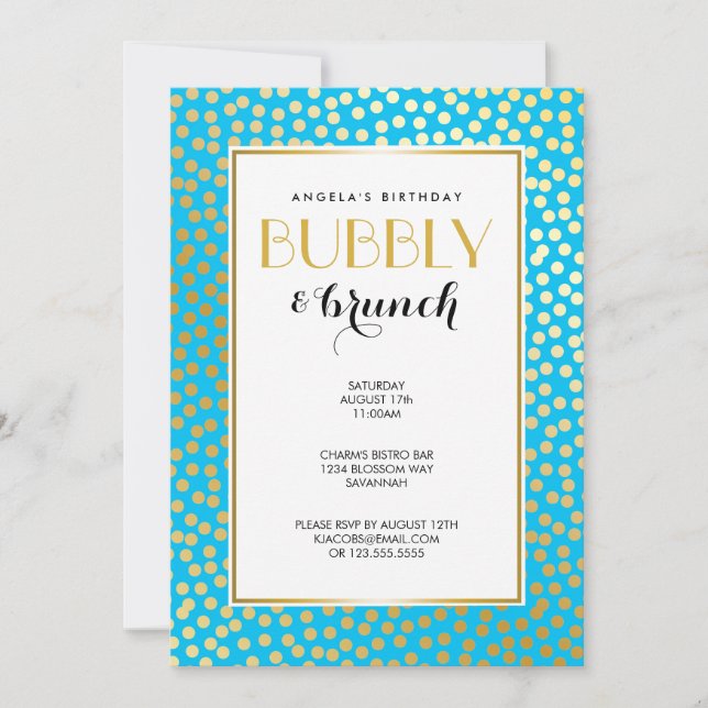 Modern Confetti Polka Dots Aqua and Gold Invitation (Front)