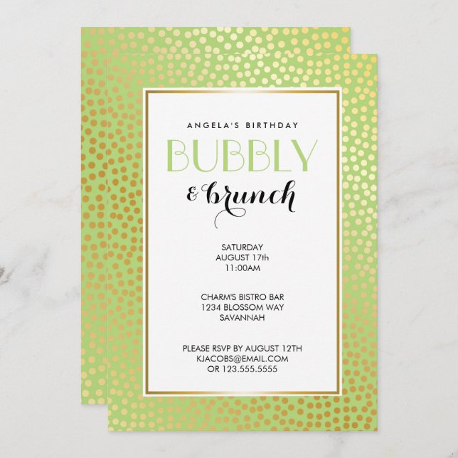 Modern Confetti Polka Dots Lime Gold Brunch Invitation (Front/Back)