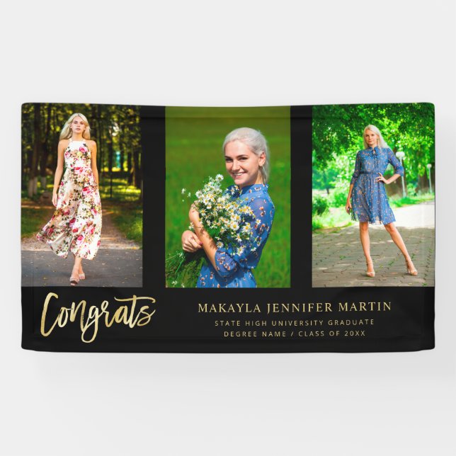Modern Congrats 3 Photo Graduate Banner - Gold (Horizontal)