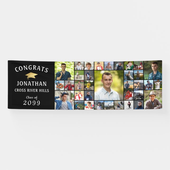 Modern CONGRATS GRAD 35 Photo Collage Black Banner (Horizontal)