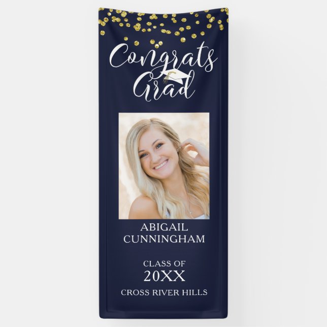 Modern CONGRATS GRAD Navy Blue Photo Banner (Vertical)