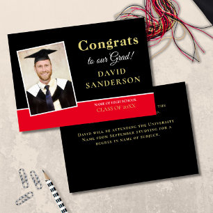 Modern Congrats Grad Photo Name Gold Black Red Announcement