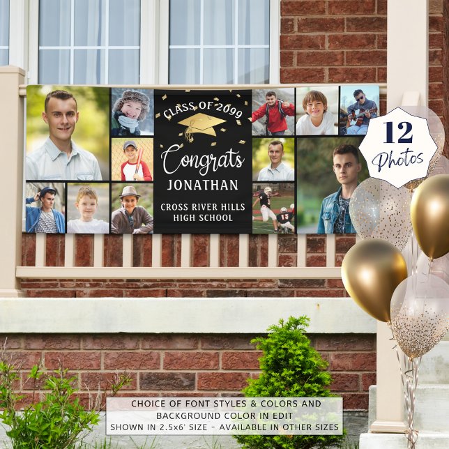 Modern Congrats Graduate 12 Photo Collage Black Banner (Creator Uploaded)