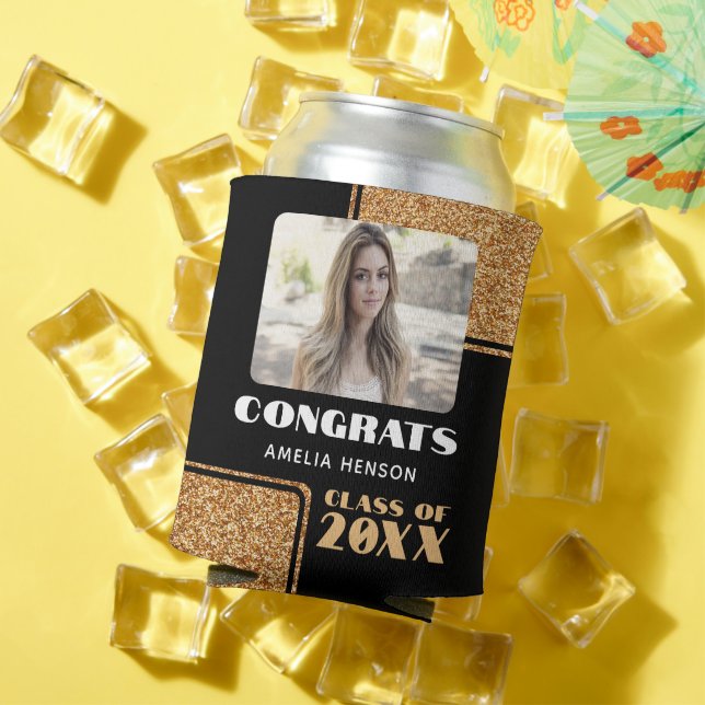 Modern Congrats Graduate Gold Glitter Photo    Can Cooler (In Situ Summer)