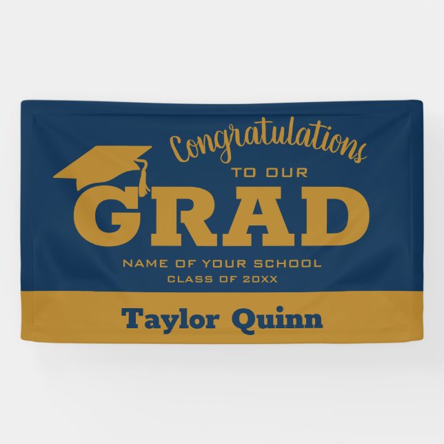 Modern Congratulations Grad Navy Blue and Gold Banner (Horizontal)