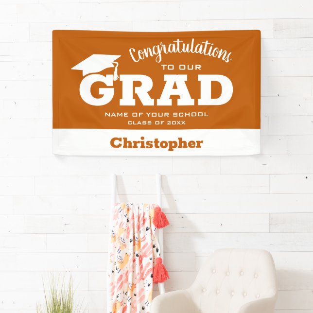 Modern Congratulations Grad White on Burnt Orange Banner (Insitu)