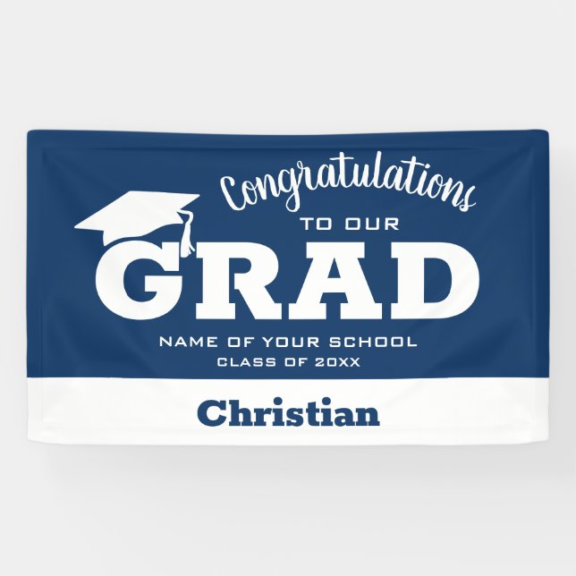 Modern Congratulations Grad White on Navy Blue Banner (Horizontal)