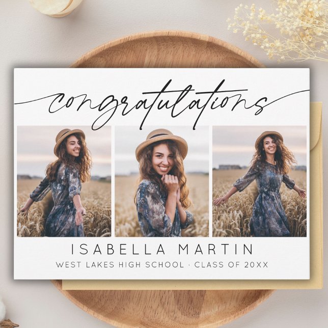 Modern Congratulations Graduation 3 Photo Script  Card (Creator Uploaded)