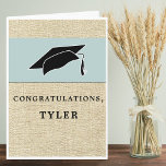 Modern Congratulations Rustic Graduation Card<br><div class="desc">Modern Congratulations Rustic Graduation Card with a Graduate Name. Graduation card with graduation cap, text Congratulations and a name of the graduate on the front side - personalise with your name. The text is on a beige rustic background and the cap is on blue. Personalise the text inside the card...</div>