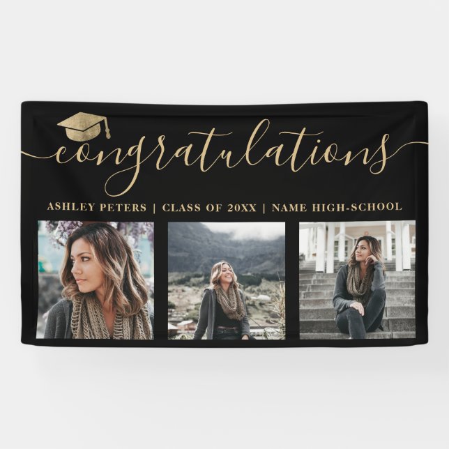 Modern congratulations script 3 photos gold black banner (Horizontal)