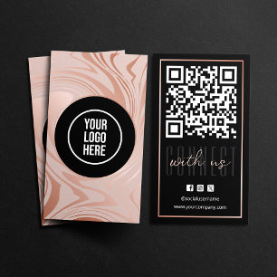 Modern Connect With Us QR Code Rose Gold Black Business Card