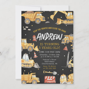 Modern Construction Birthday Party Black Invitation