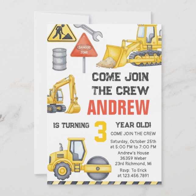 Modern Construction Birthday Party custom photo Invitation (Front)