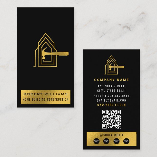 Modern Construction Black Gold Home Building Lux Business Card (Front/Back)
