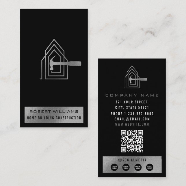 Modern Construction Black Silver Home Building Lux Business Card (Front/Back)
