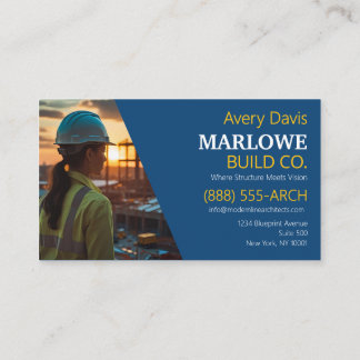 Modern Construction Company Photo Blue & Yellow Business Card