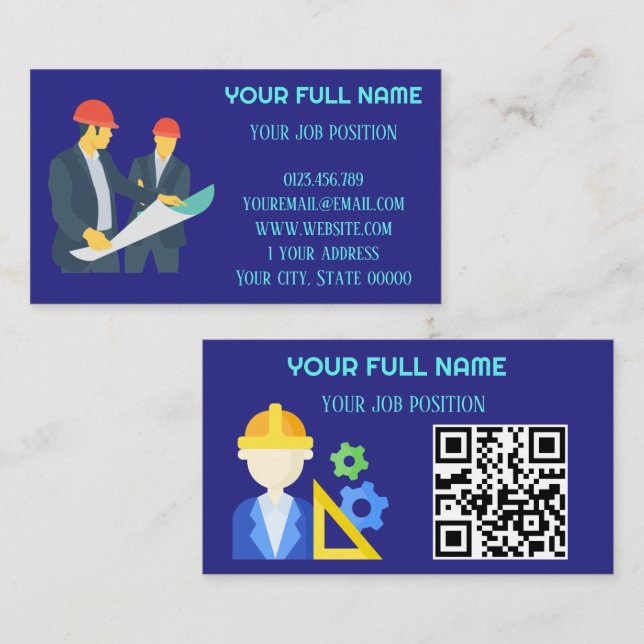 Modern Construction Engineer QR Code Dark Blue Business Card (Front/Back)