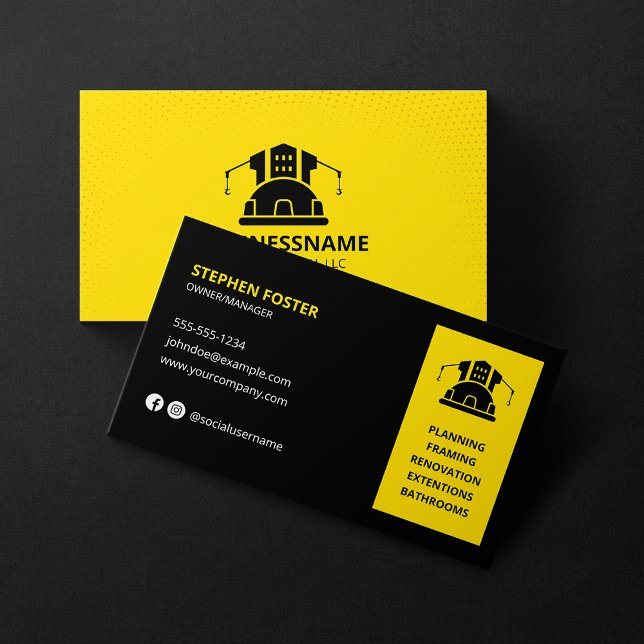 Modern Construction Handyman Builder Black Yellow Business Card (Creator Uploaded)