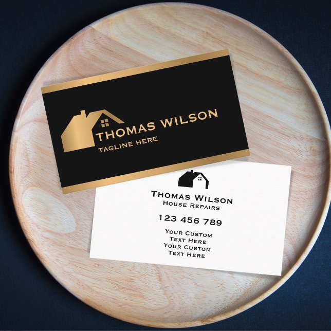 Modern Construction Handyman Carpenter Roof Gold Business Card (modern gold house repair logo)
