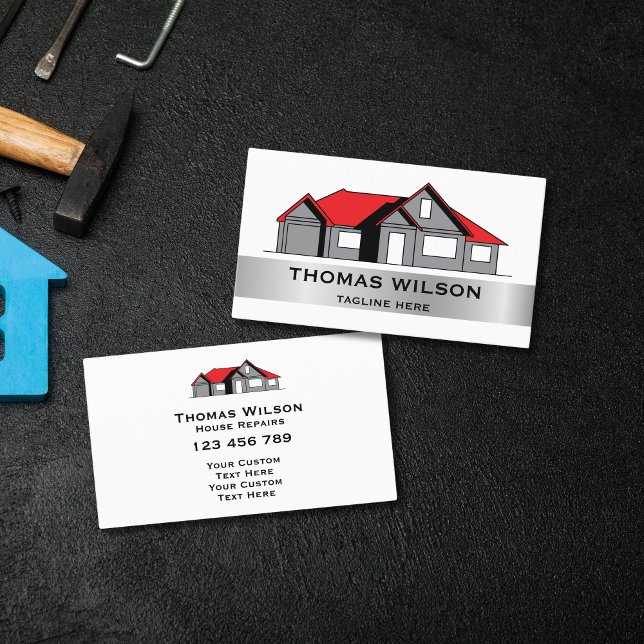 Modern Construction Handyman Carpenter Tool Repair Business Card (modern house logo)