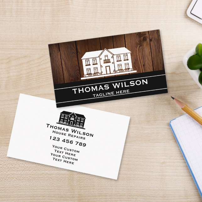 Modern Construction Handyman Carpenter Tools Wood  Business Card (RUSTIC HOUSE ON THE WOOD TEXTURE BACKGROUND HOME REPAIR BUSINESS CARD)
