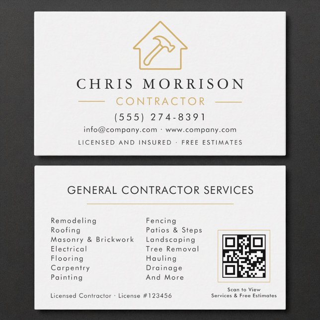 Modern Construction Minimalist White Gold QR Code Business Card (Creator Uploaded)