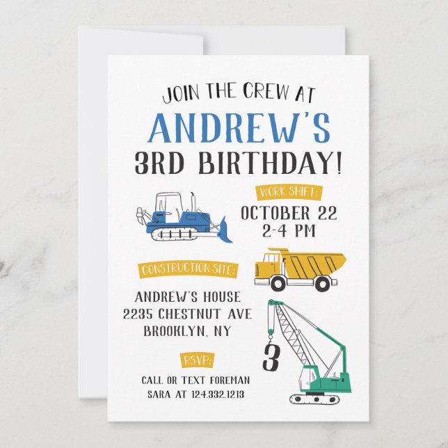 Modern Construction Site Birthday Invitation (Front)