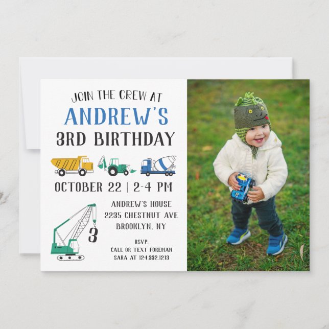 Modern Construction Site Photo Birthday Invitation (Front)