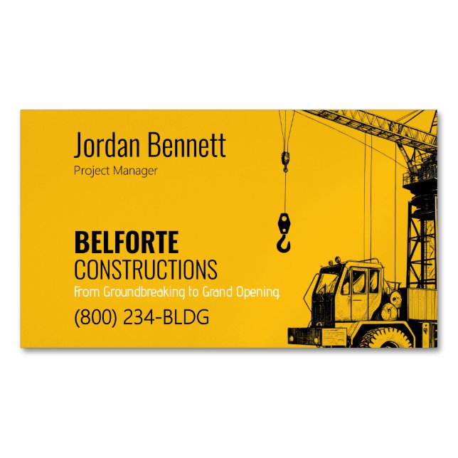 Modern Construction | Yellow & Crane Design Magnetic Business Card (Front)