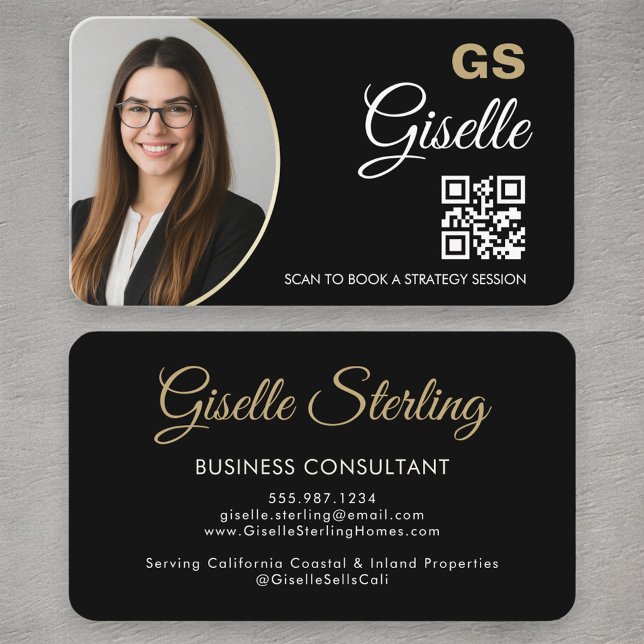 Modern Consultant Black & Gold QR Code Business Card (Creator Uploaded)