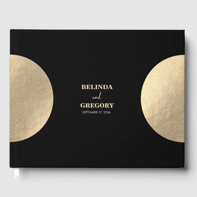 Modern Contemporary Black & Gold Abstract Wedding Guest Book (Front)
