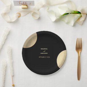 Modern Contemporary Black & Gold Abstract Wedding Paper Plate