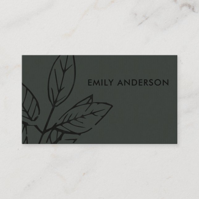MODERN CONTEMPORARY BLACK ON BLACK GREY LEAVES BUSINESS CARD (Front)