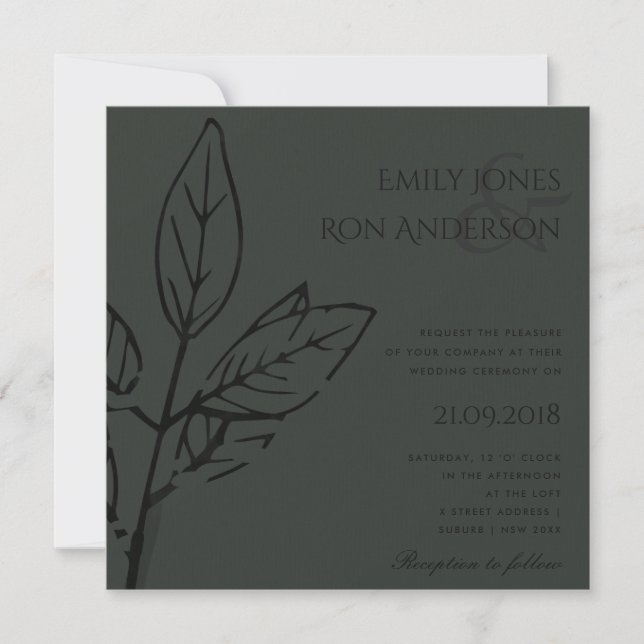 MODERN CONTEMPORARY  BLACK ON BLACK LEAVES WEDDING INVITATION (Front)